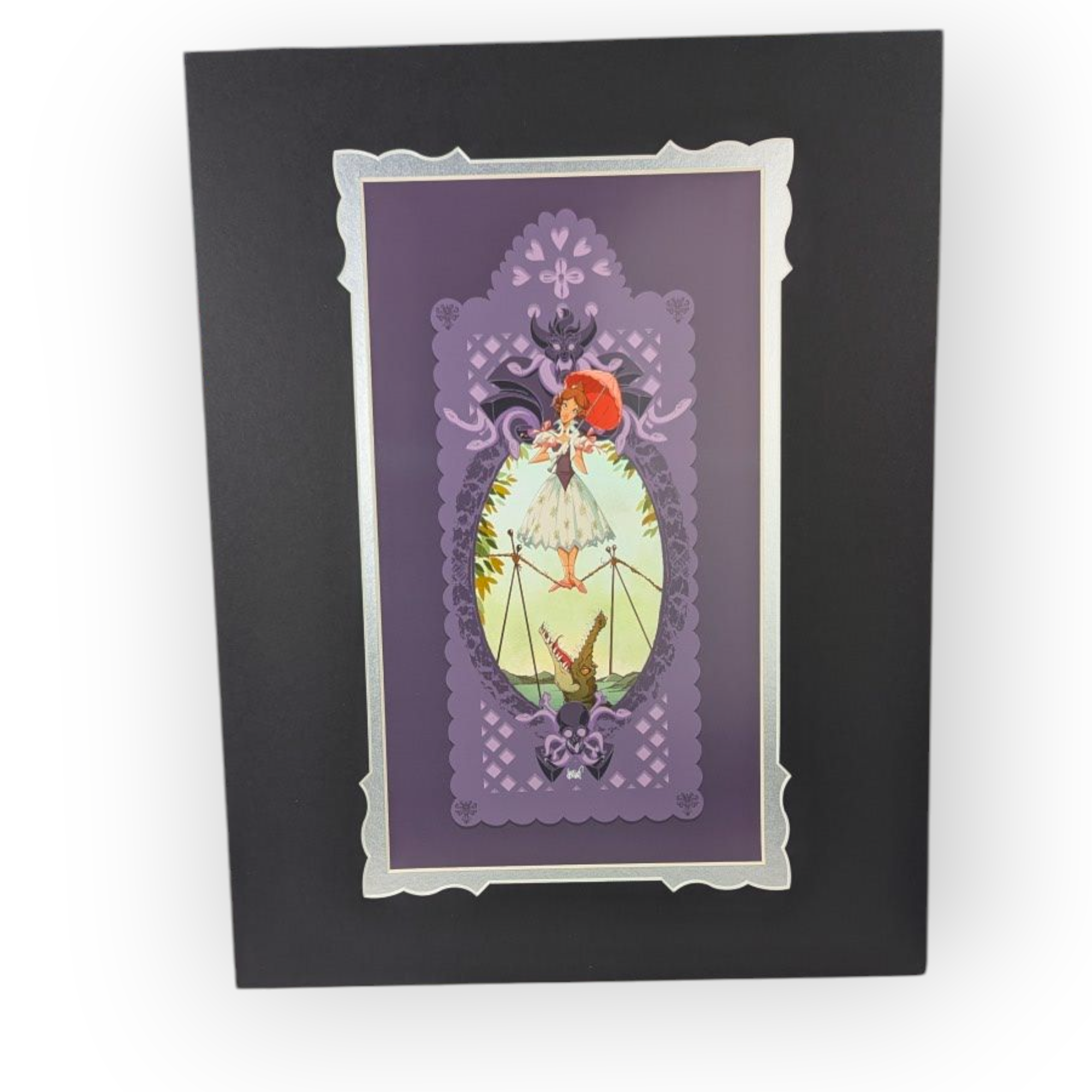 Disney Papel Picado Umbrella Print by Francisco Herrera, WonderGround Gallery art with black mat and purple border.