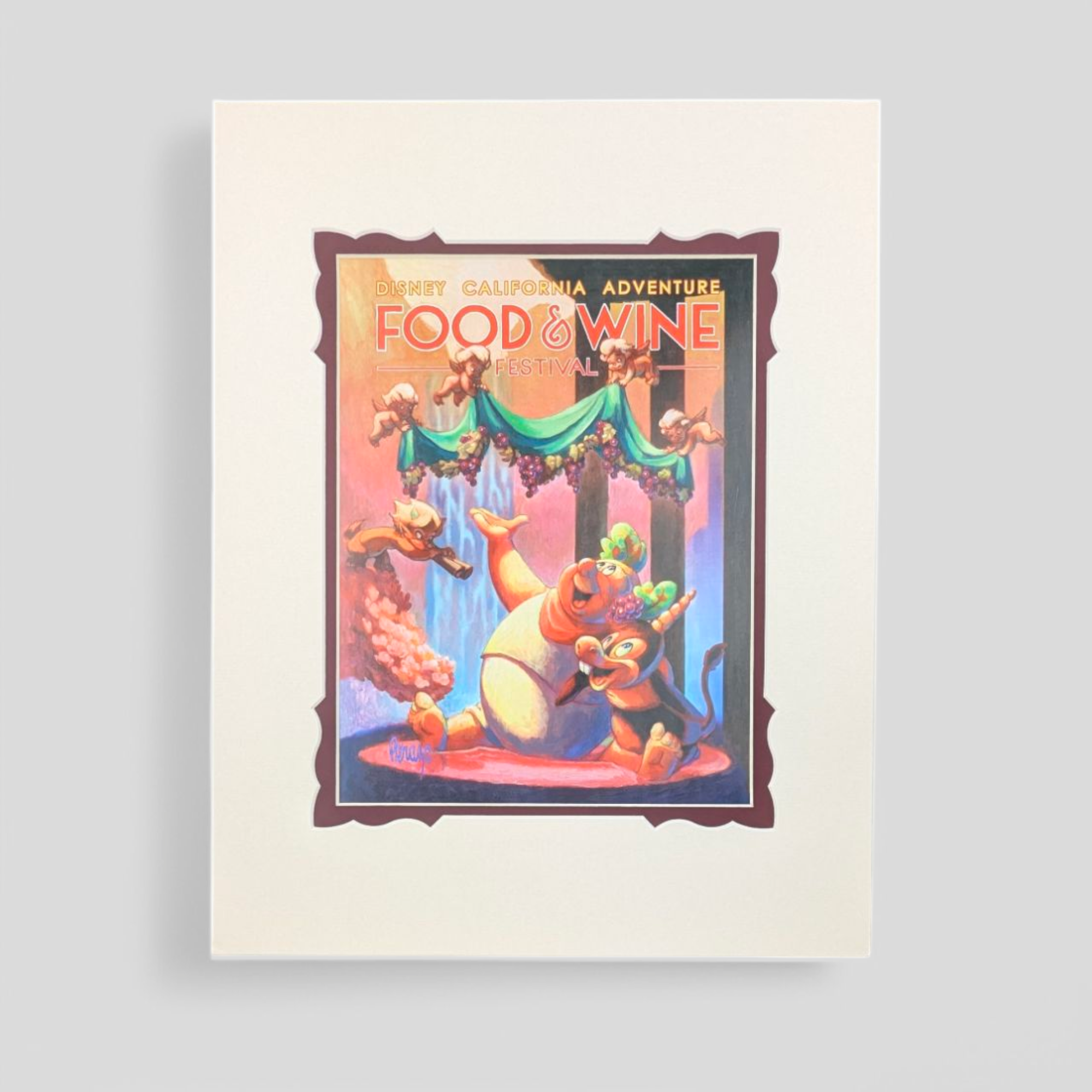 Disney California Adventure Food & Wine Festival Print by Mike Peraza, matted art with festival characters and grapes.